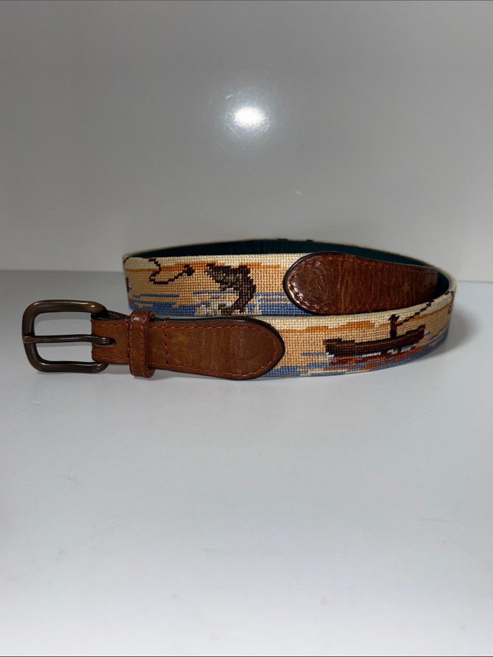 Smathers & Branson Parlour Size 32 fly fishing design needlepoint leather belt. - Picture 9 of 9